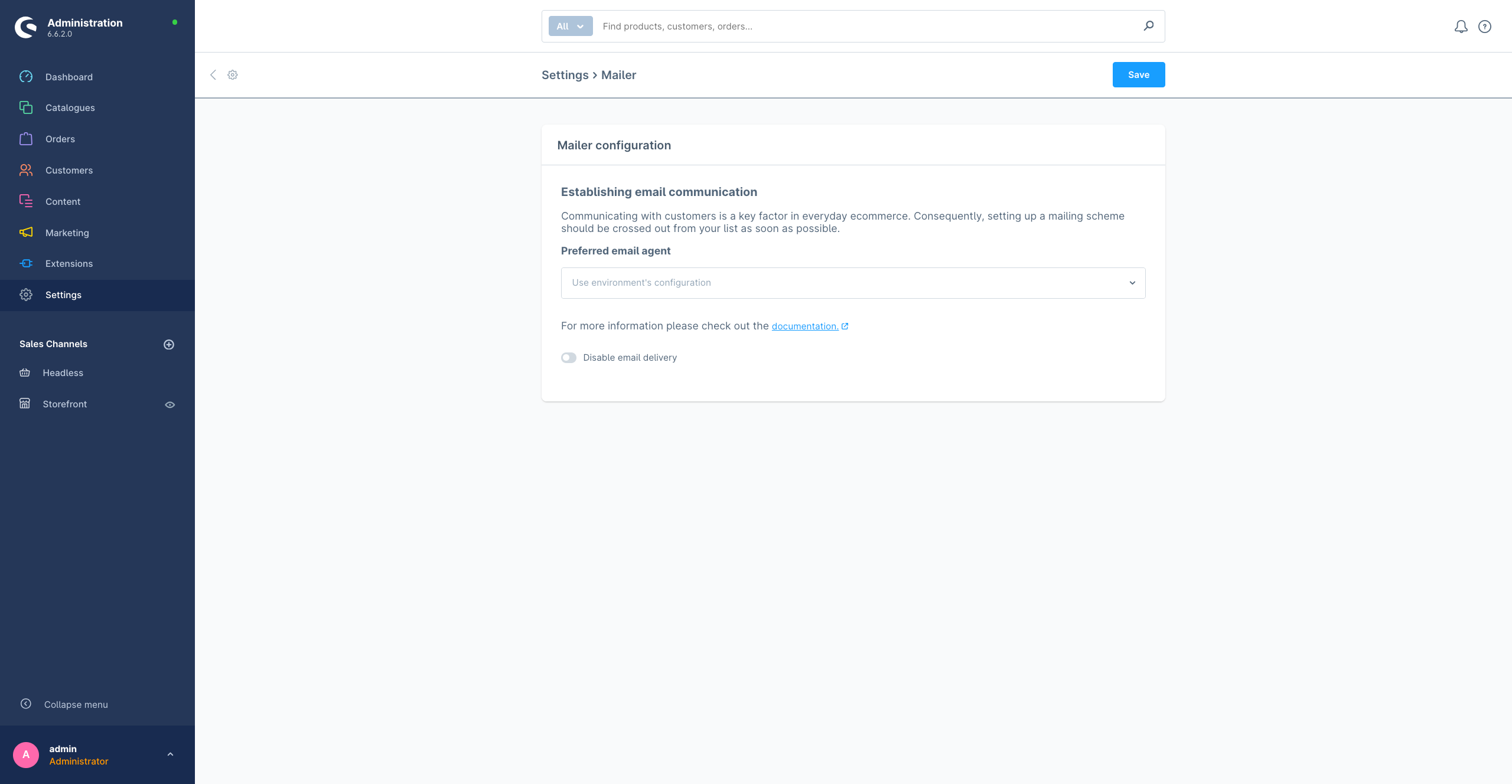 Shopware 6 Administration showing the Settings > Mailer page in the Use environment's configuration mode.