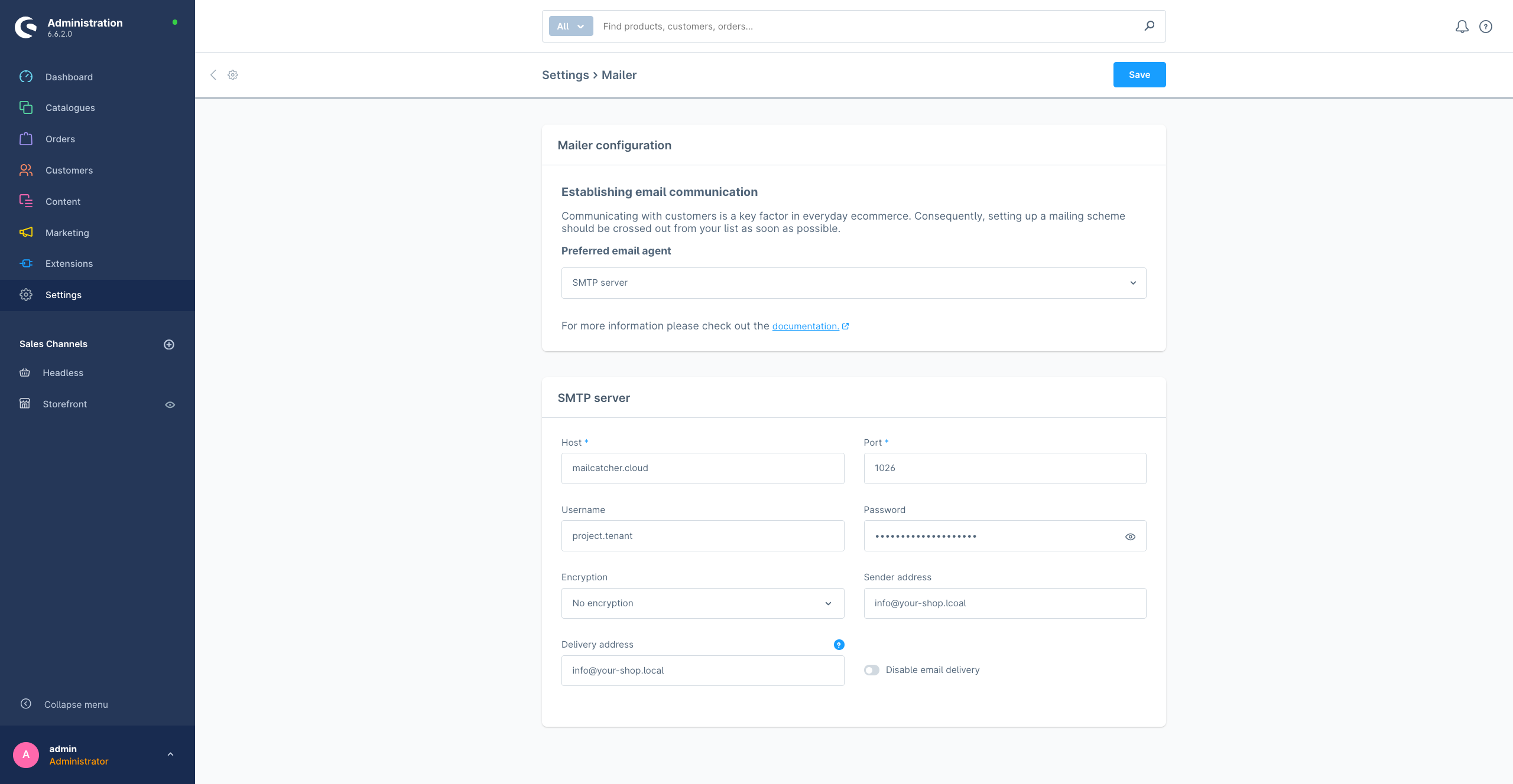 Shopware 6 Administration showing the Settings > Mailer page in the Use SMTP server mode.