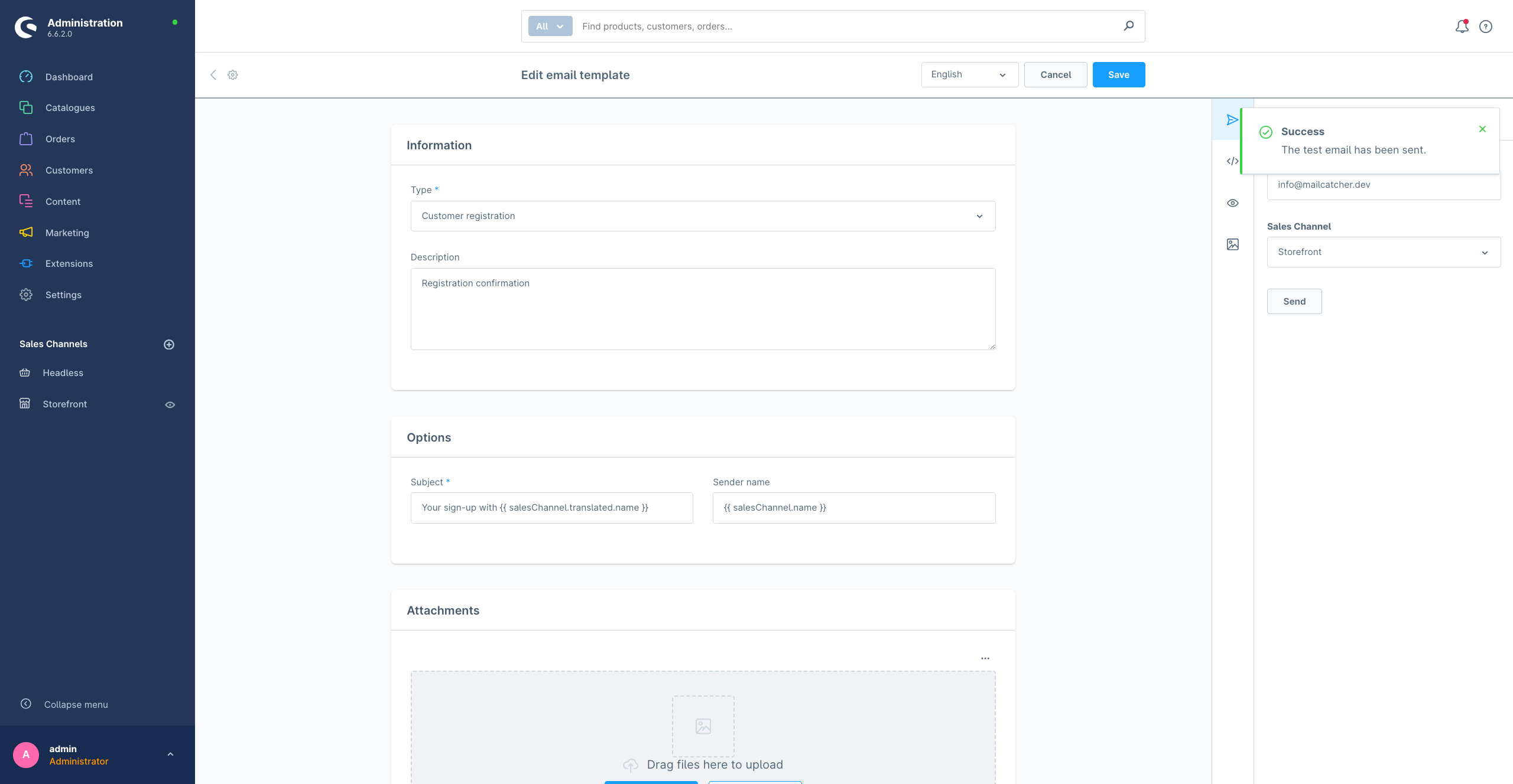 Shopware 6 Administration showing the Send test email tab of the Customer registration email template.