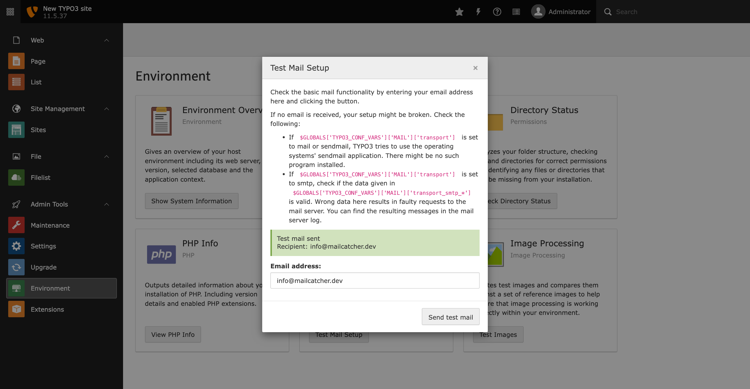 TYPO§ Backend with the Test Mail Setup modal open