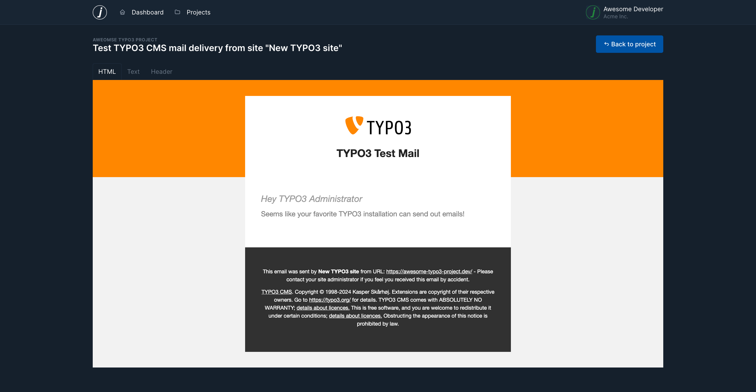 Mailcatcher email showing a TYPO3 Test Email