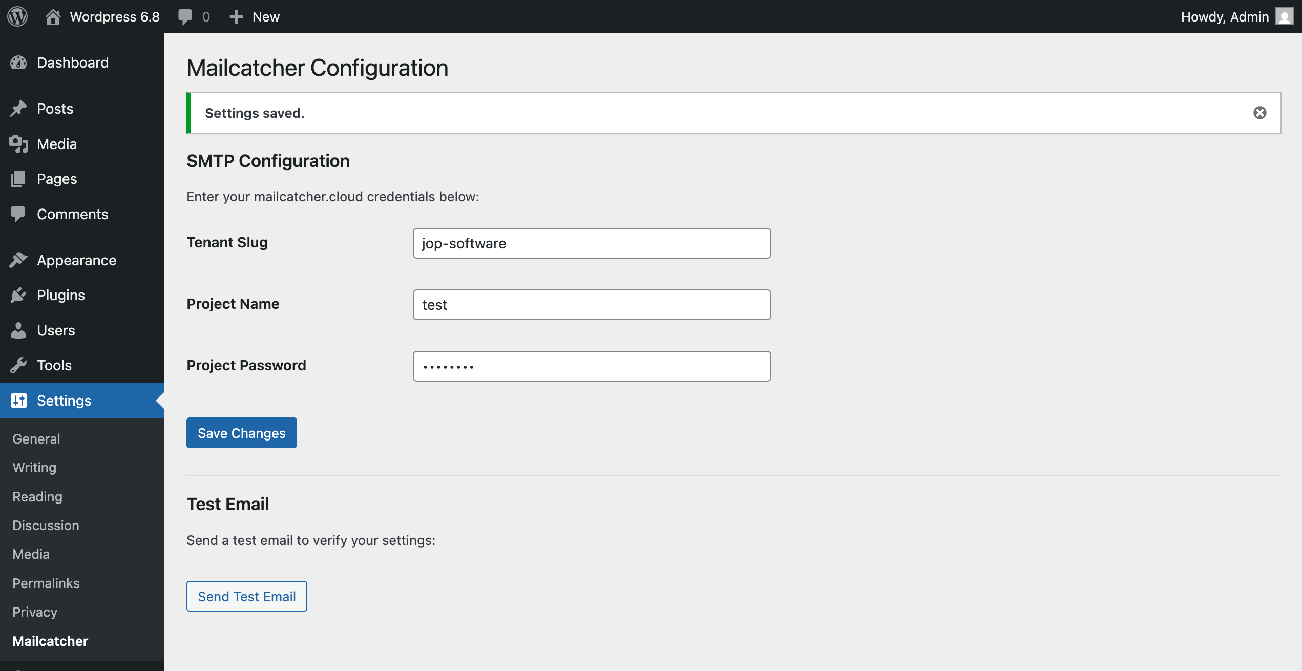 Wordpress Backend showing an example mailcatcher configuration