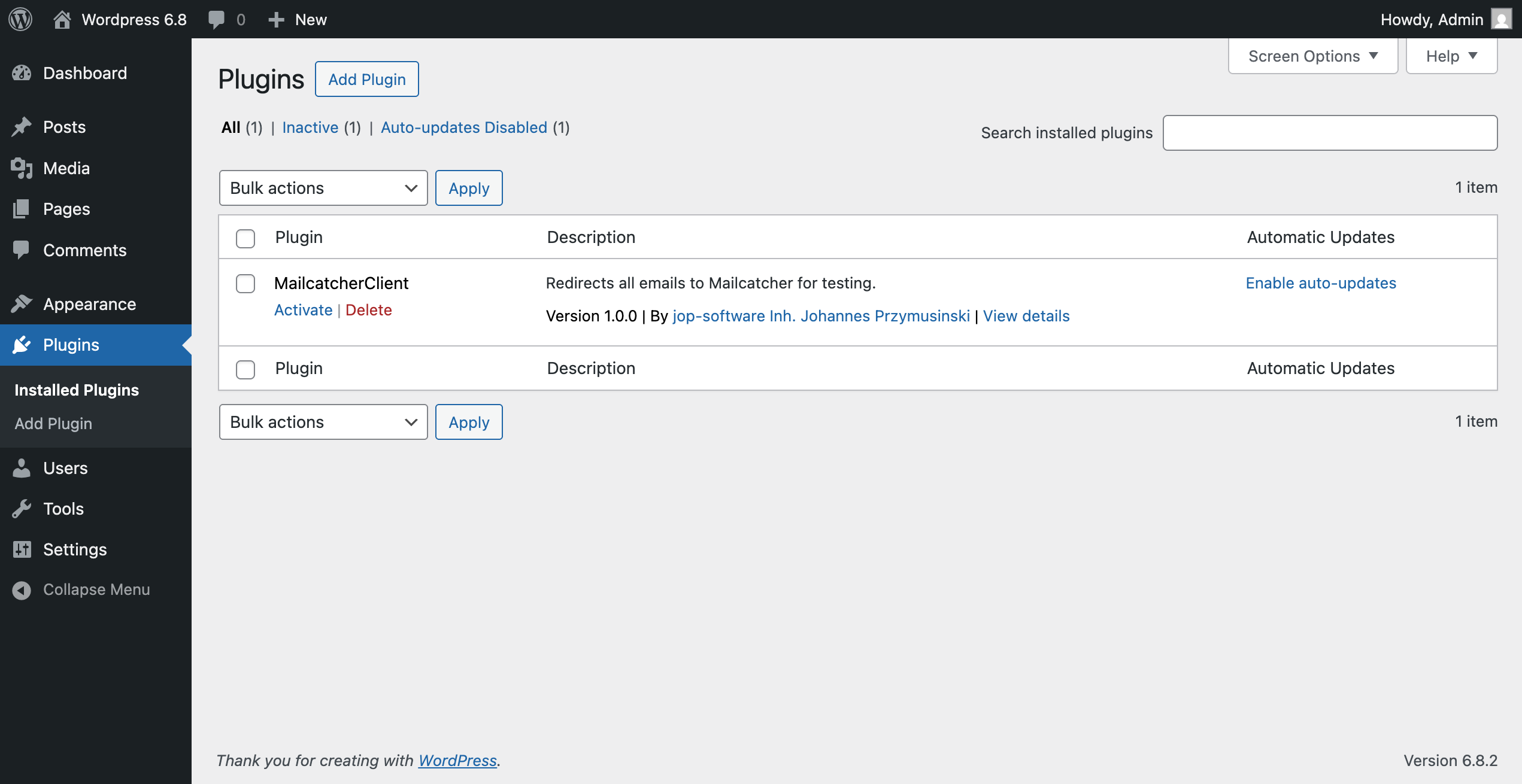 Wordpress plugin list, showing the installed plugin MailcatcherClient