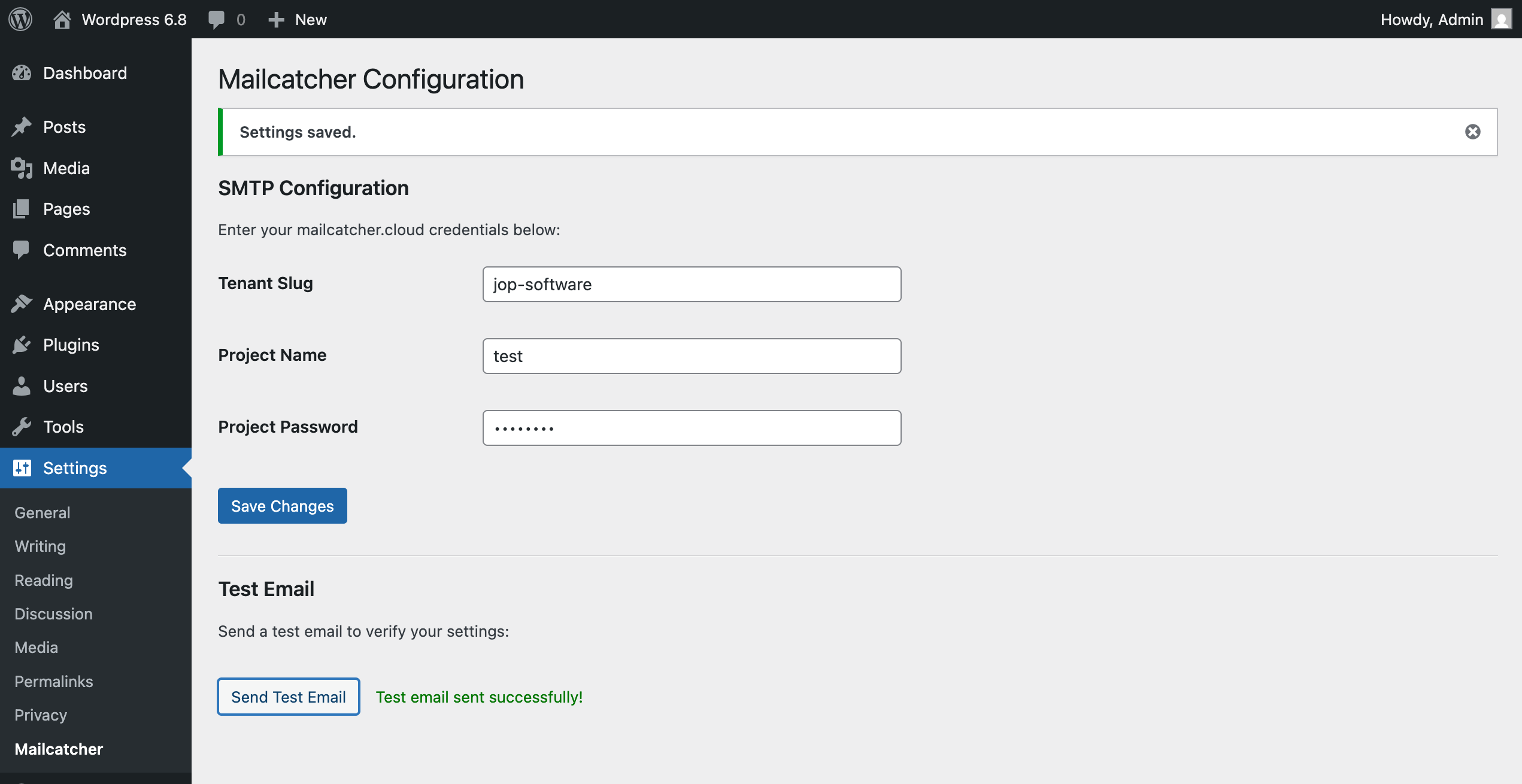Wordpress Backend showing an example mailcatcher configuration with a notice about a sent test email