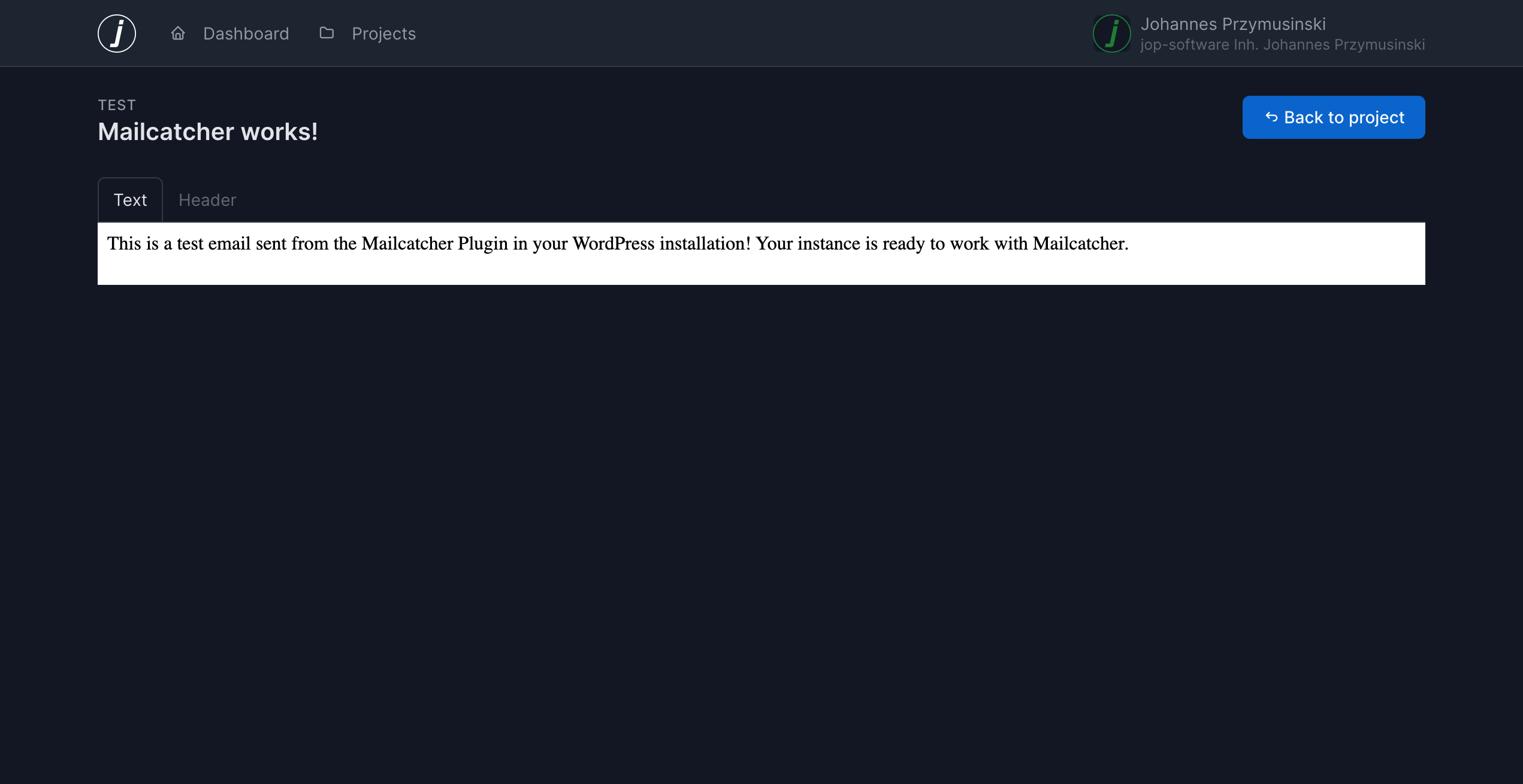 Mailcatcher showing the test mail sent from the Wordpress plugin