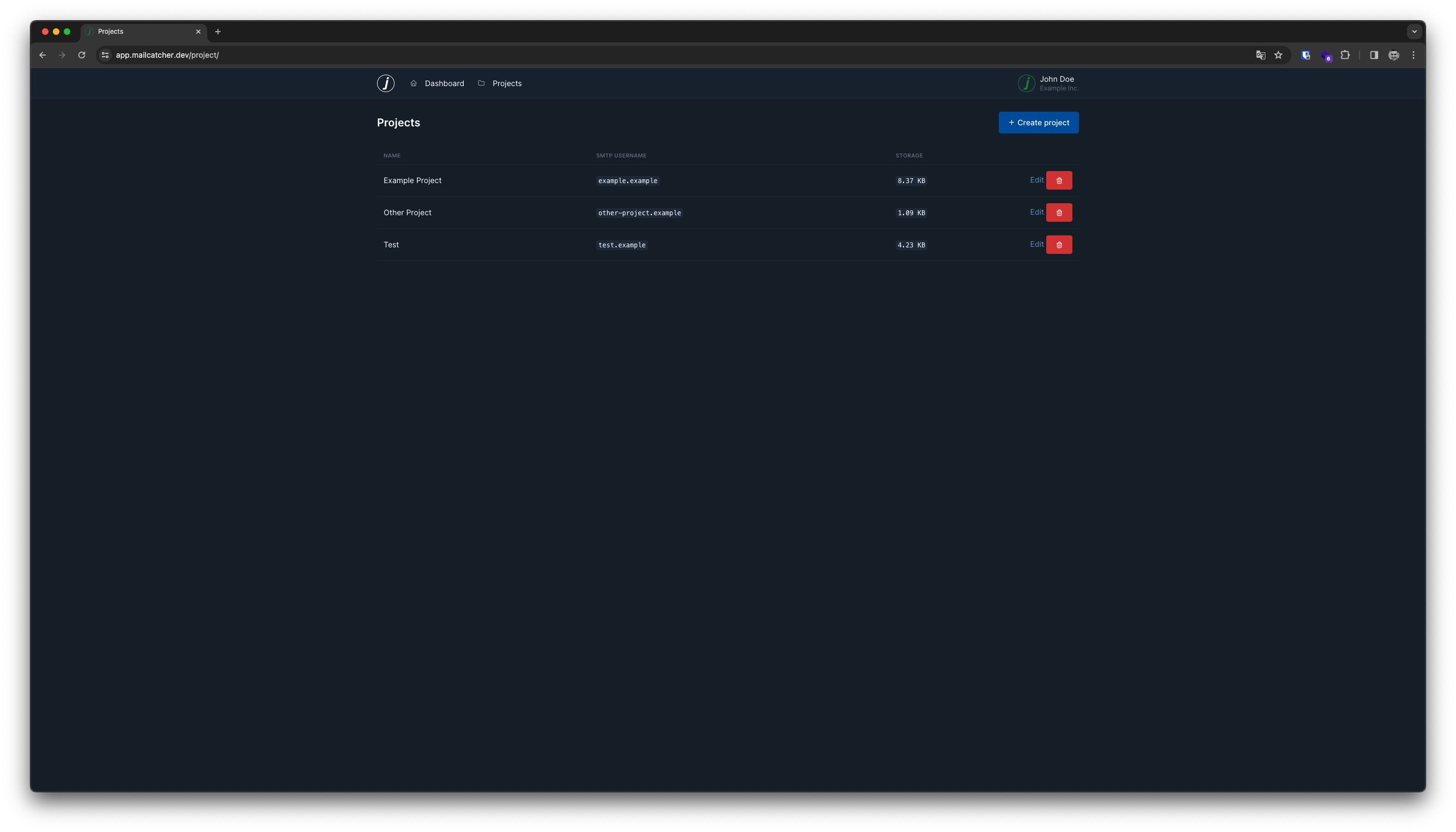 tMailcatcher showing a table of projects in a organisation
